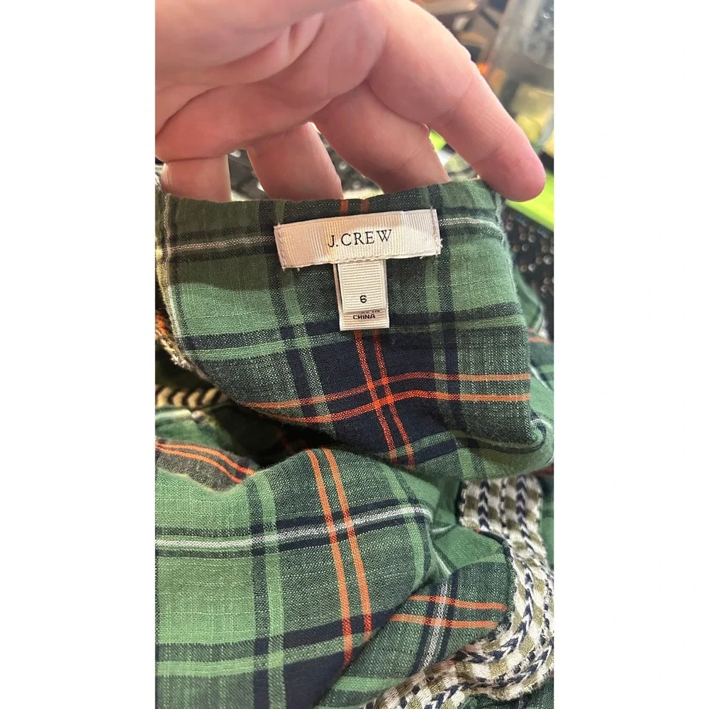 J.Crew Green‎ Plaid Madras Peasant Top Cotton Flowy Split Neck Sz 6 Cottagecore - Picture 5 of 7